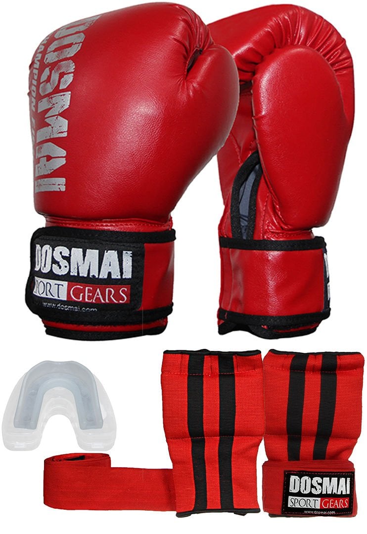 Dosmai Üçlü Boks Kick Boks Muay Thai Eldiveni Bandajlı Eldiven ve Dişlik Seti KMP995 Kırmızı - 10 oz