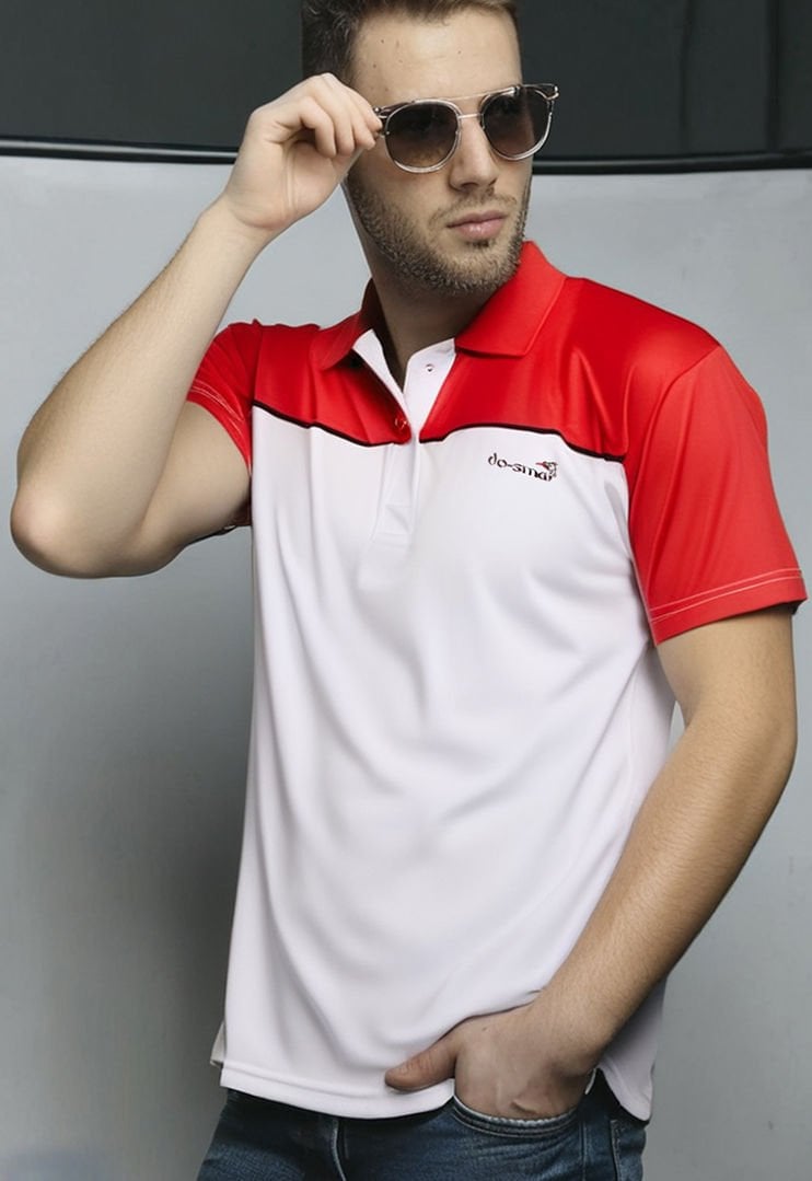 Dosmai Polo Yaka Performans Antrenman Sporcu T-Shirt PYT103 Kırmızı Beyaz - L