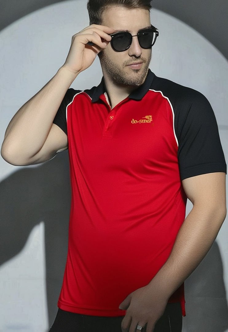 Dosmai Polo Yaka Performans Antrenman Sporcu T-Shirt PYT103 Siyah Kırmızı - XL