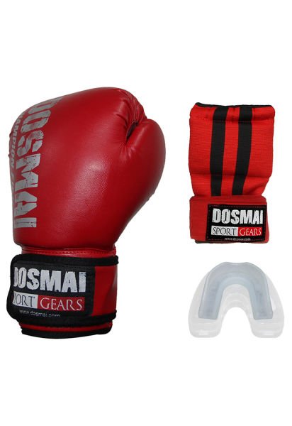 Dosmai Üçlü Boks Kick Boks Muay Thai Eldiveni Bandajlı Eldiven ve Dişlik Seti KMP995 Kırmızı - 10 oz