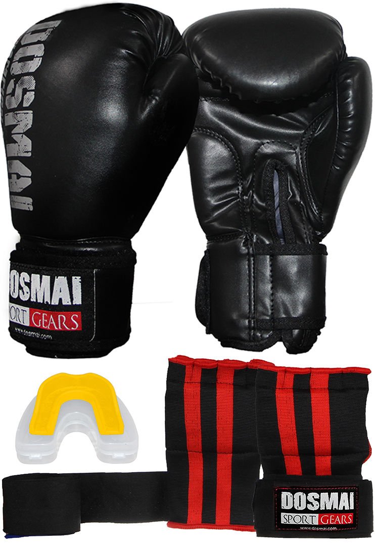 Dosmai Üçlü Boks Kick Boks Muay Thai Eldiveni Bandajlı Eldiven ve Dişlik Seti KMP995 Siyah - 8 oz
